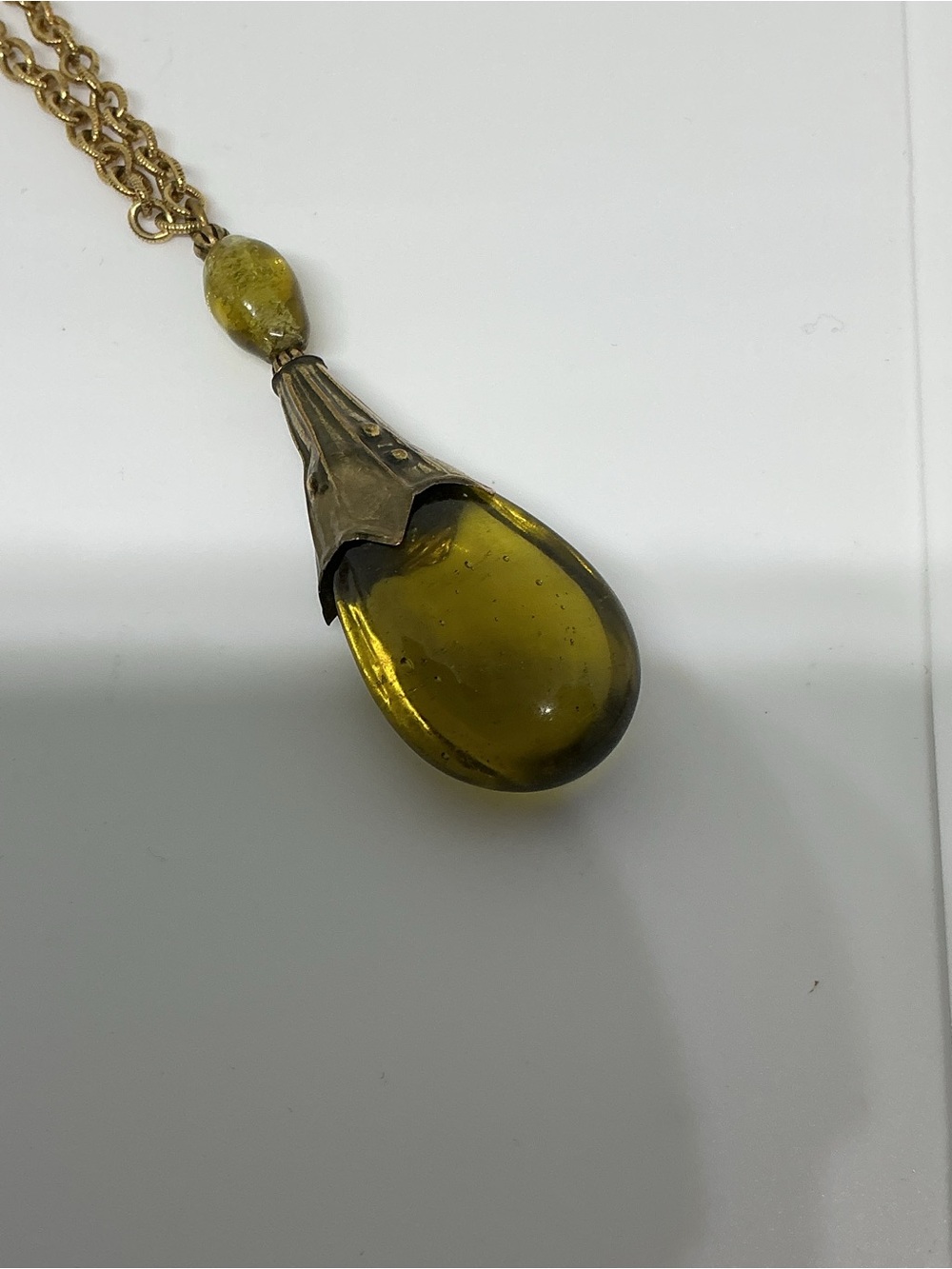 Antique Art Nouveau Lavaliere Pendant Necklace Olive Green Czech Art Glass - Picture 4 of 11